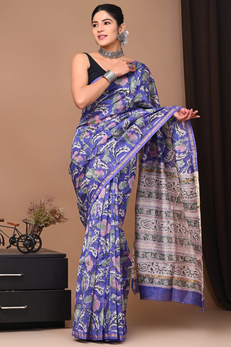Hand Block Printed Chanderi Silk Saree with Blouse