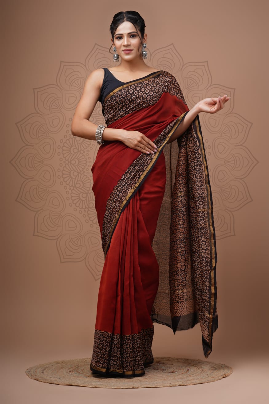 Hand Block Printed Chanderi Silk Saree with Blouse