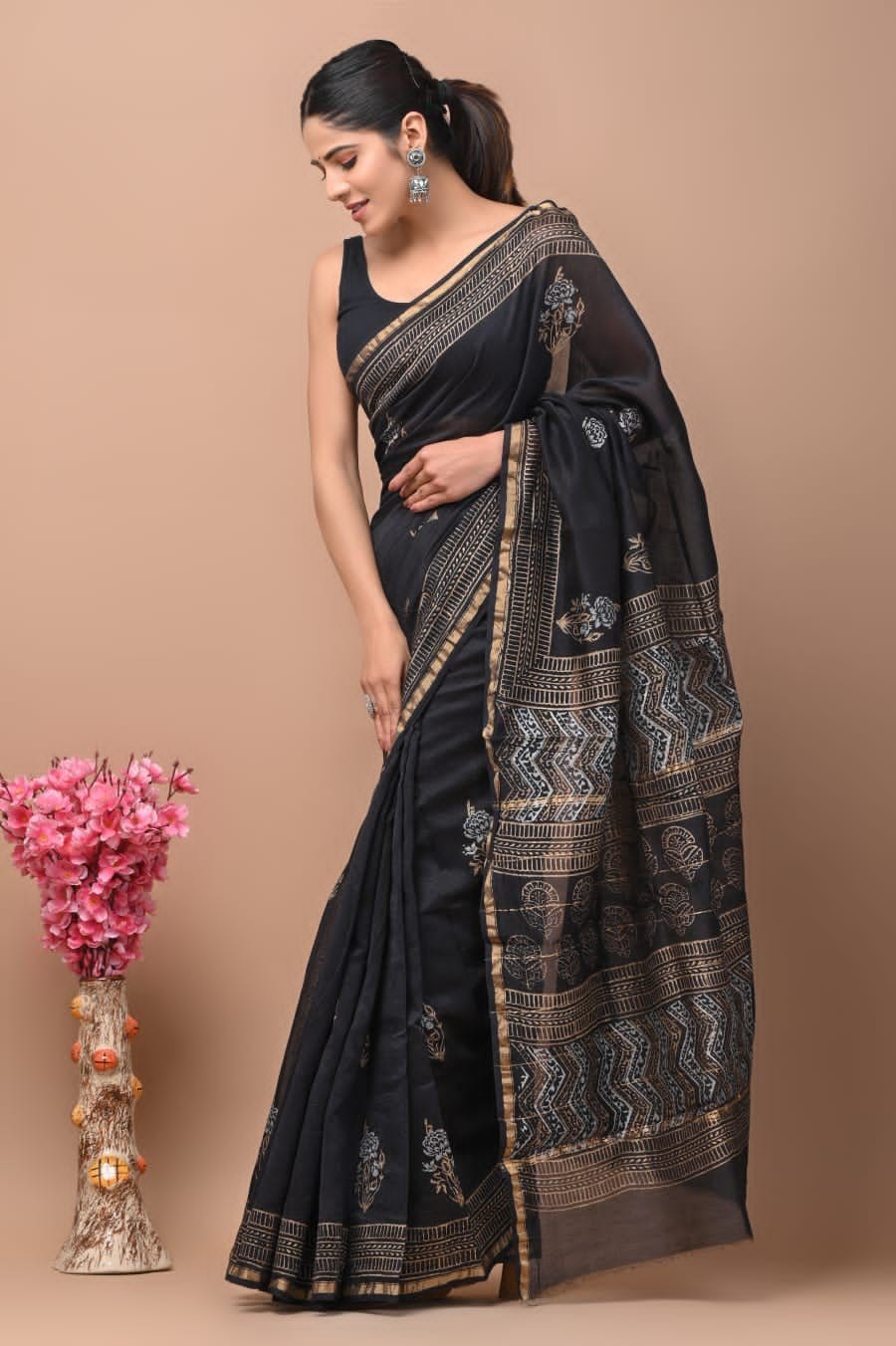 Hand Block Printed Chanderi Silk Saree with Blouse