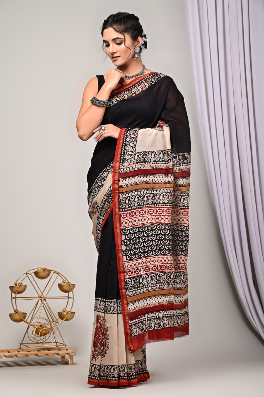 Hand Block Printed Chanderi Silk Saree with Blouse