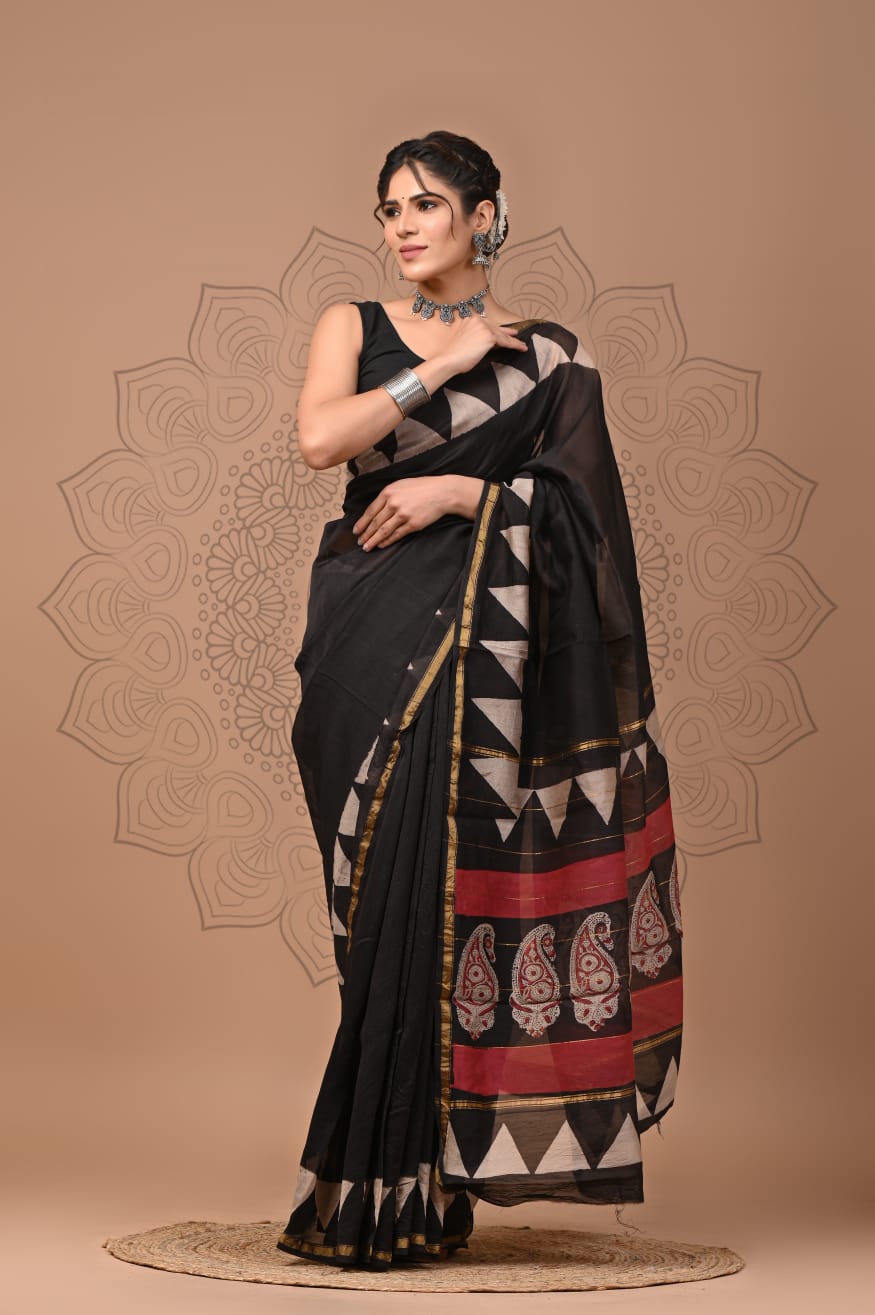 Hand Block Printed Chanderi Silk Saree with Blouse