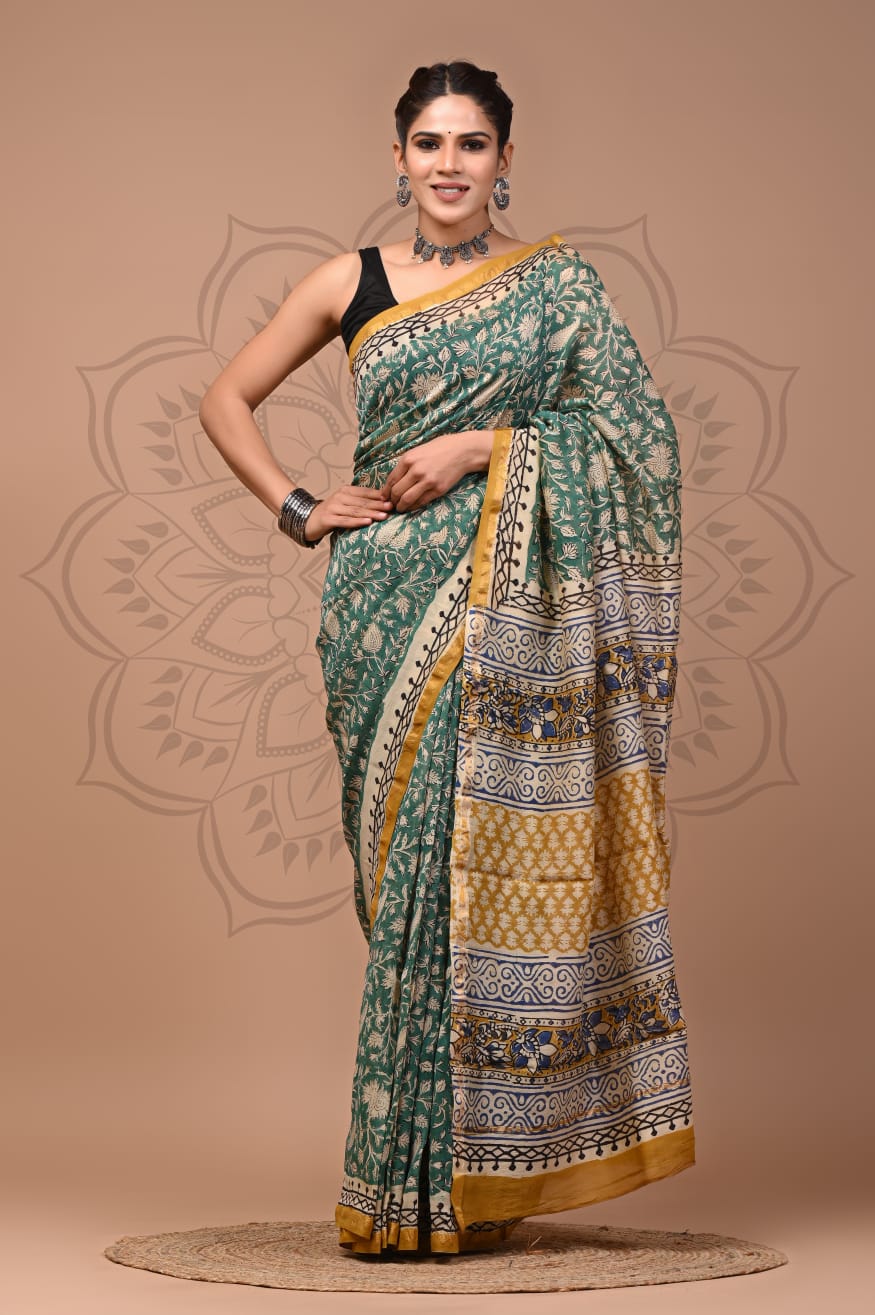 Hand Block Printed Chanderi Silk Saree with Blouse