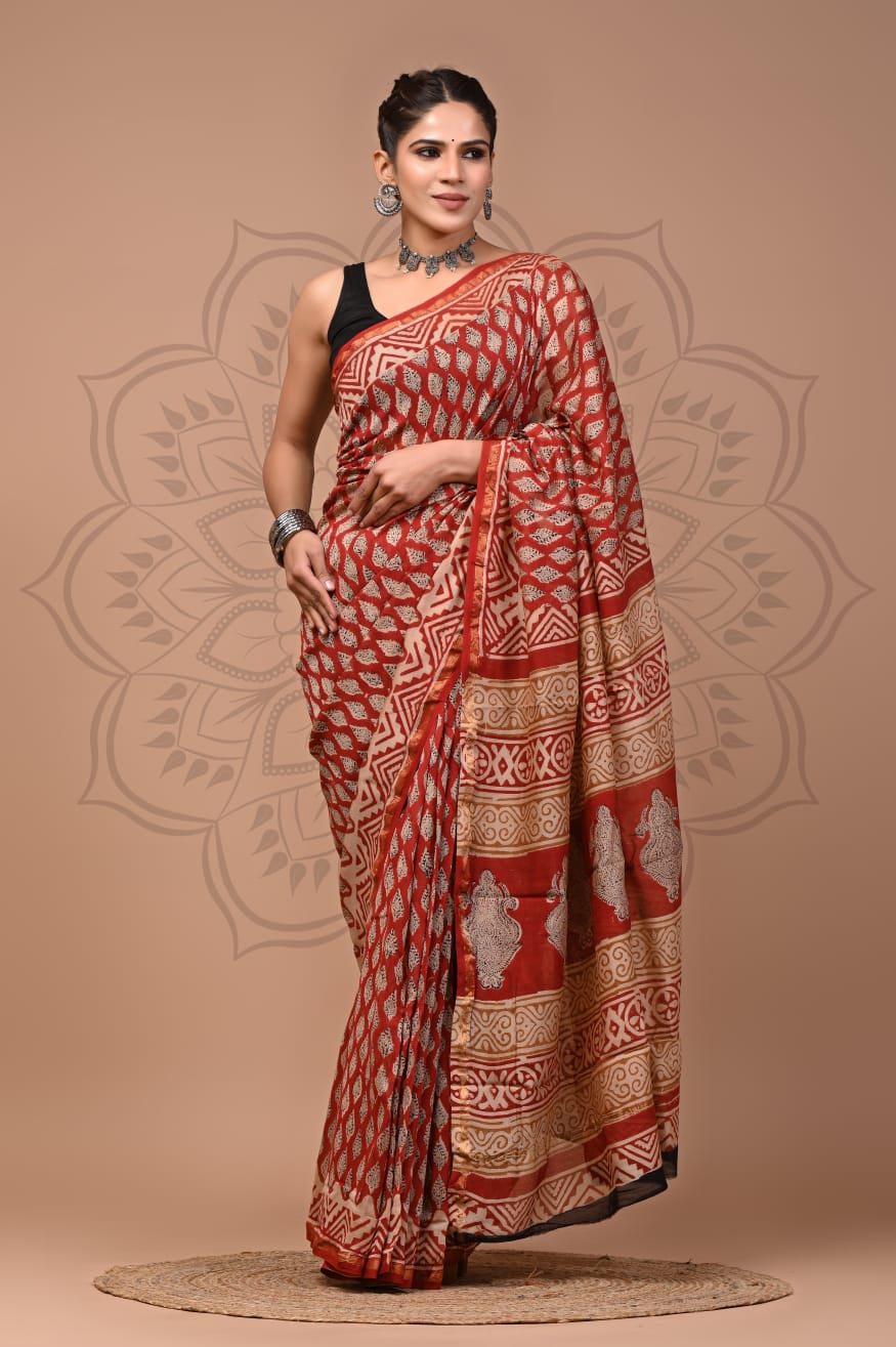 Hand Block Printed Chanderi Silk Saree with Blouse
