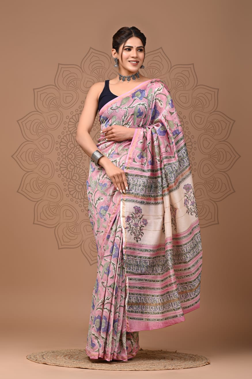 Hand Block Printed Chanderi Silk Saree with Blouse