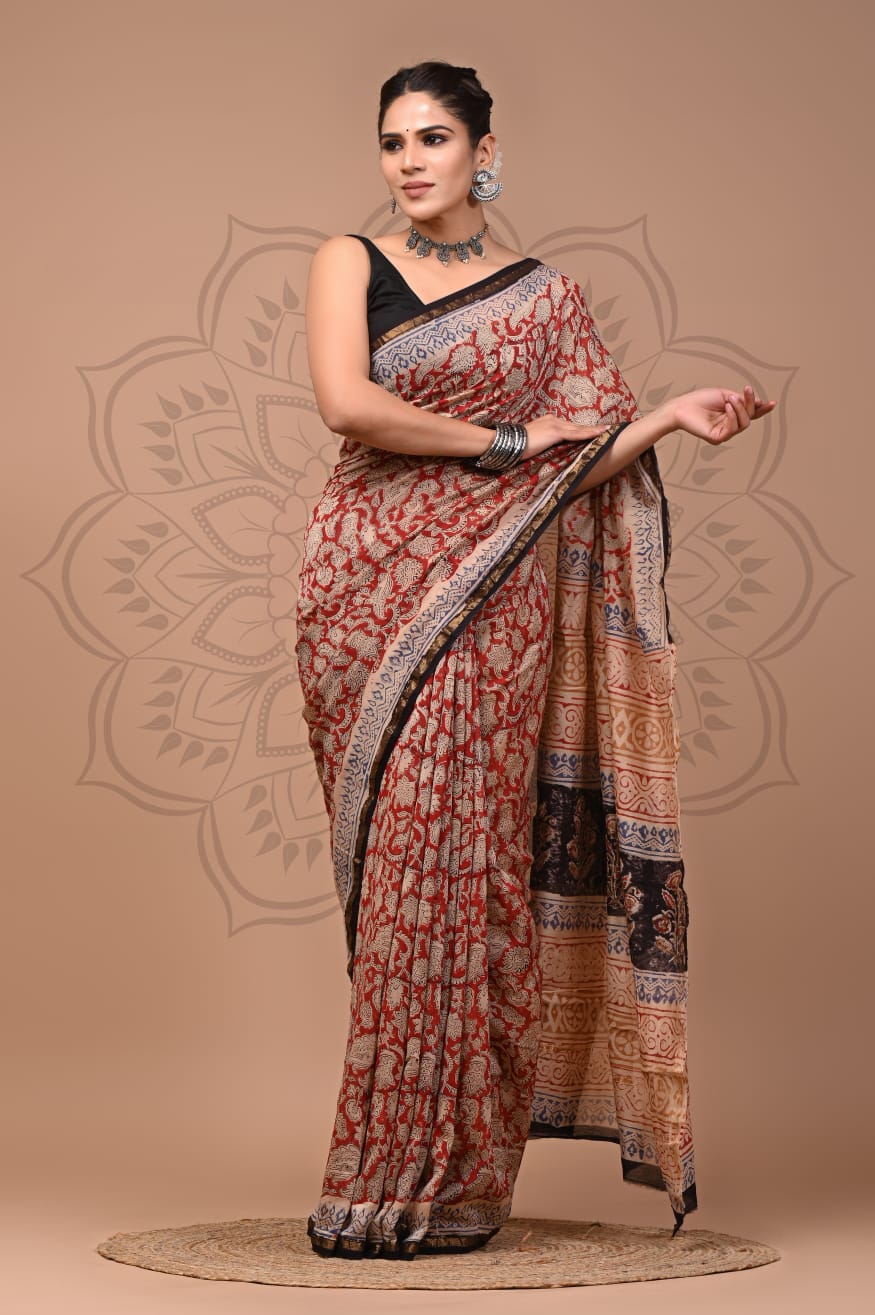 Hand Block Printed Chanderi Silk Saree with Blouse