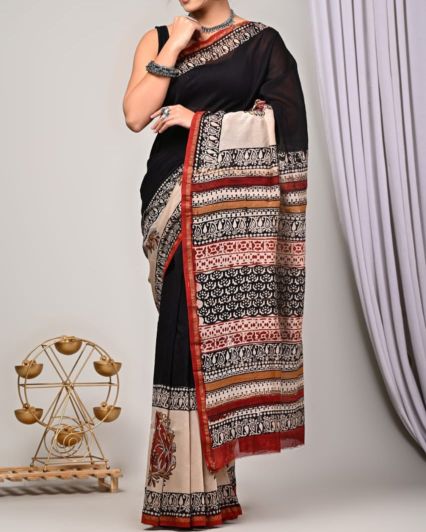 Hand Block Printed Chanderi Silk Saree with Blouse