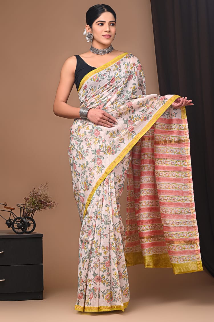 Hand Block Printed Chanderi Silk Saree with Blouse