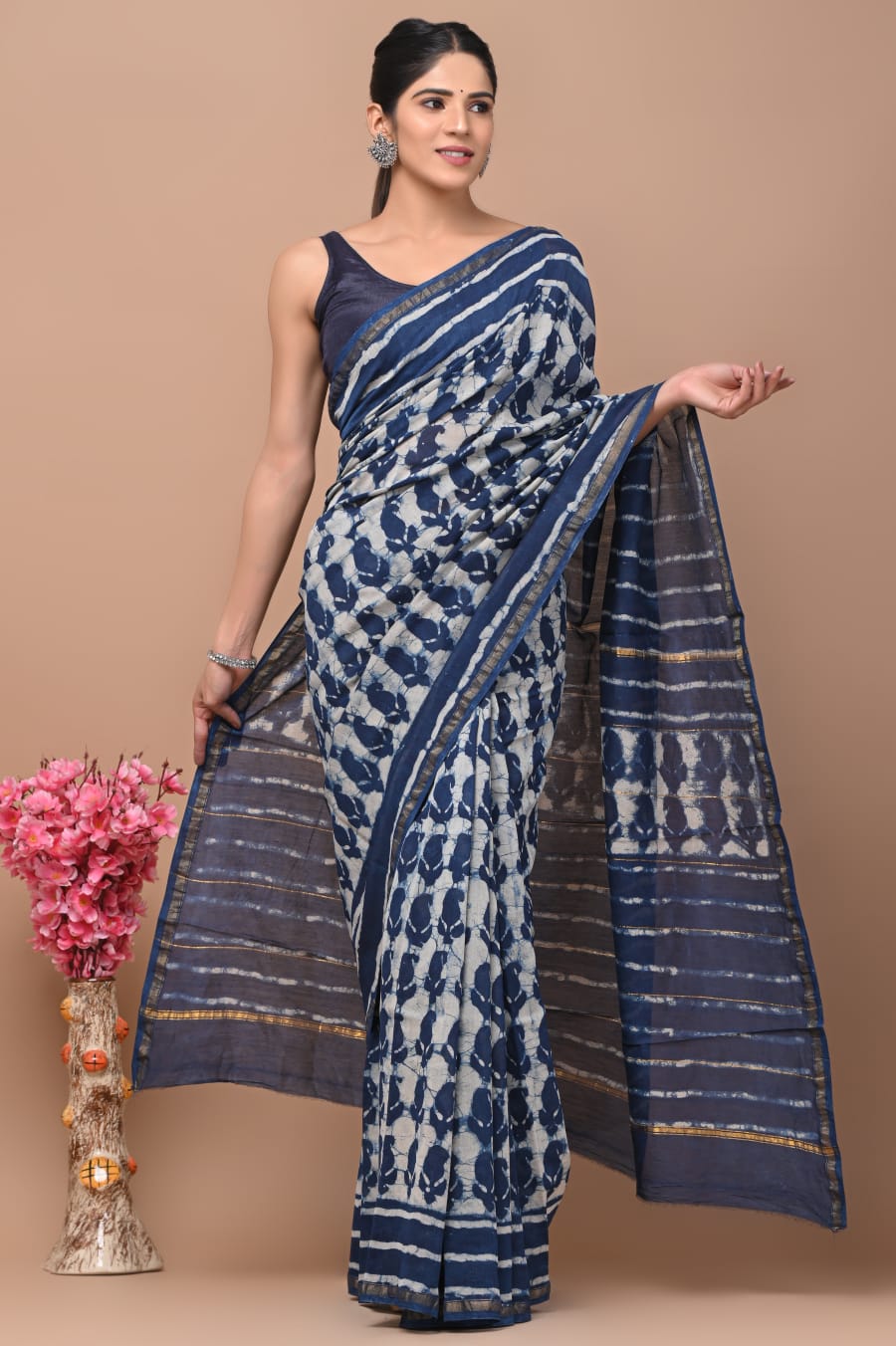 Hand Block Printed Chanderi Silk Saree with Blouse