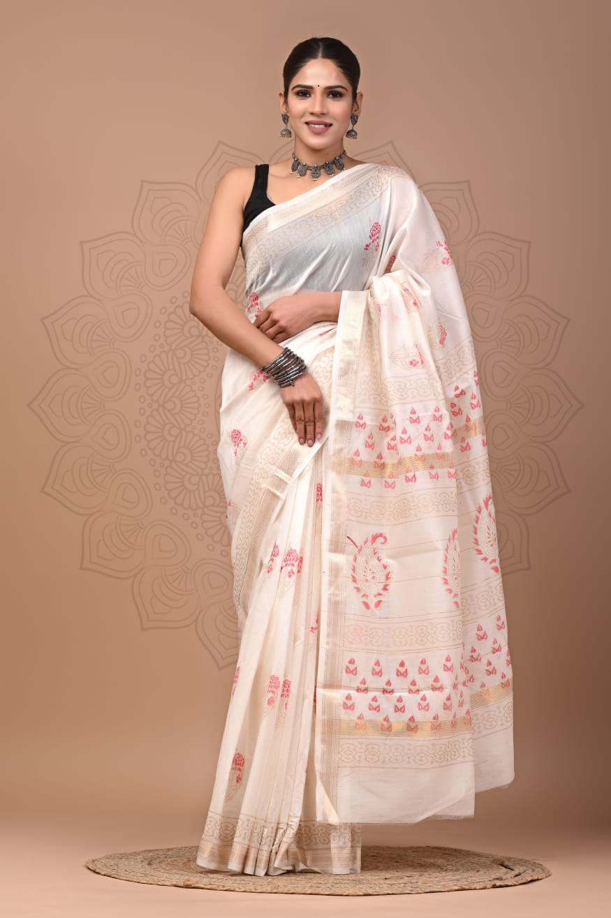 Hand Block Printed Chanderi Silk Saree with Blouse