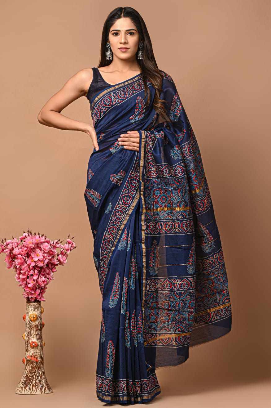 Hand Block Printed Chanderi Silk Saree with Blouse