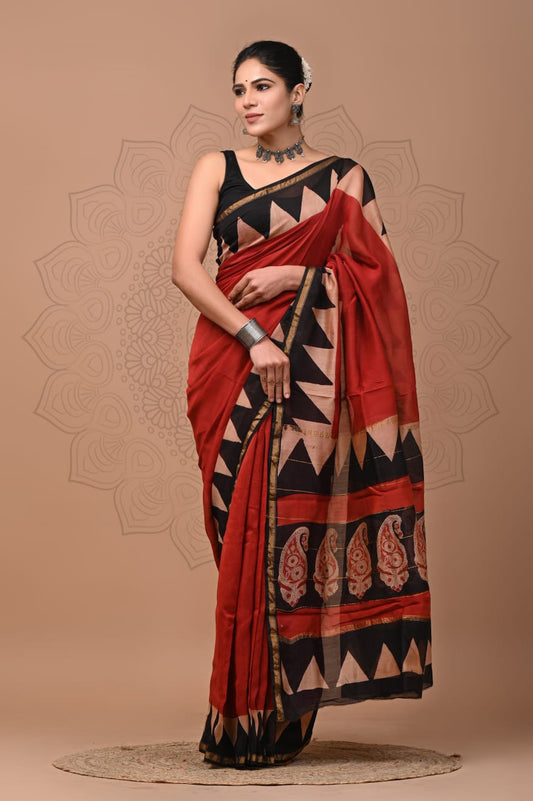 Hand Block Printed Chanderi Silk Saree with Blouse