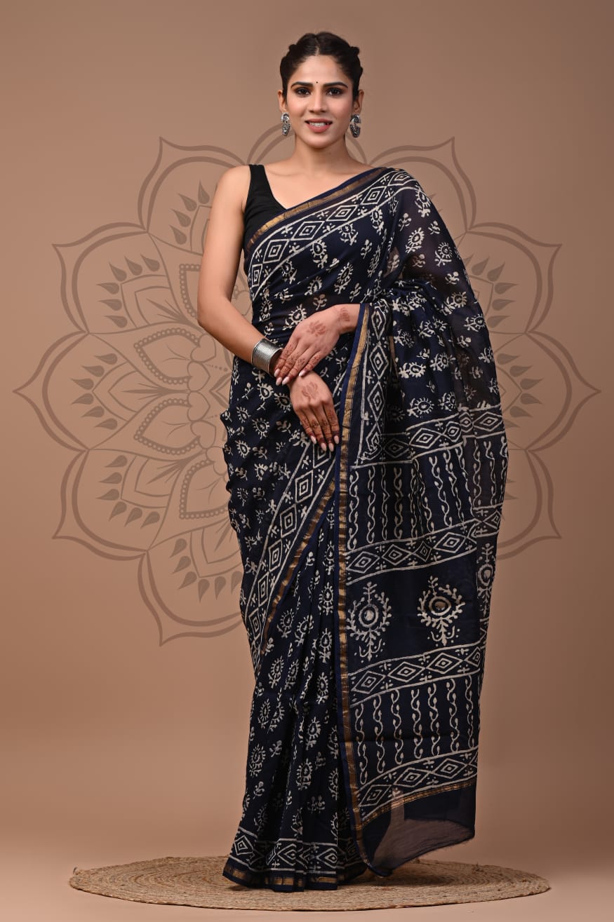Hand Block Printed Chanderi Silk Saree with Blouse