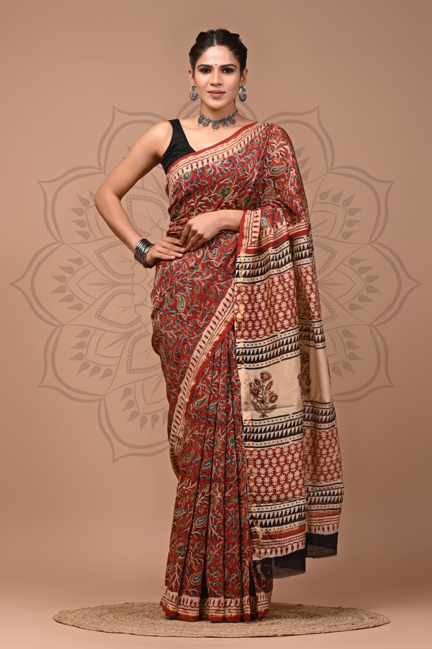 Hand Block Printed Chanderi Silk Saree with Blouse