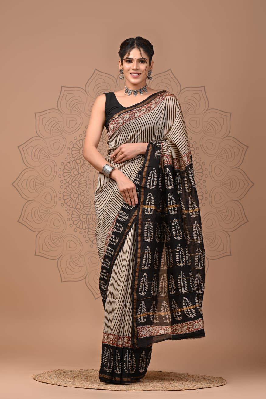 Hand Block Printed Chanderi Silk Saree with Blouse