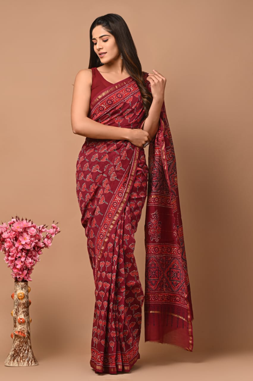 Hand Block Printed Chanderi Silk Saree with Blouse