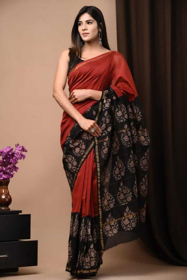 Hand Block Printed Chanderi Silk Saree with Blouse