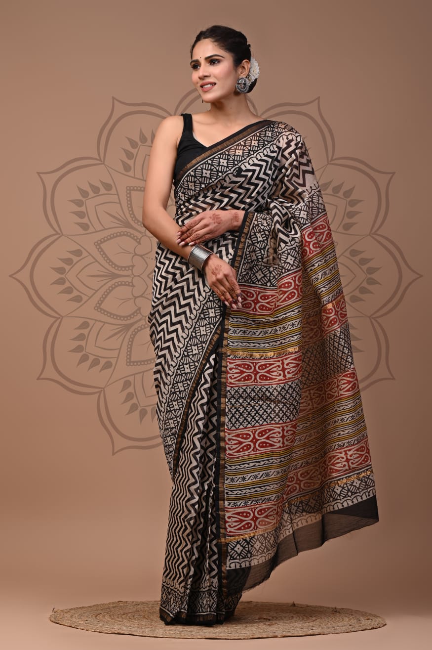 Hand Block Printed Chanderi Silk Saree with Blouse