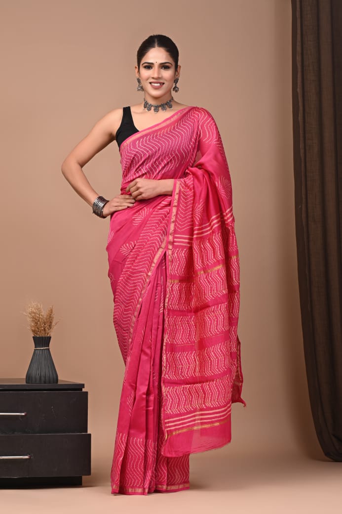 Hand Block Printed Chanderi Silk Saree with Blouse