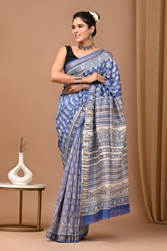 Hand Block Printed Silk Saree with Blouse