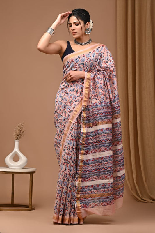 Hand Block Printed Silk Saree with Blouse