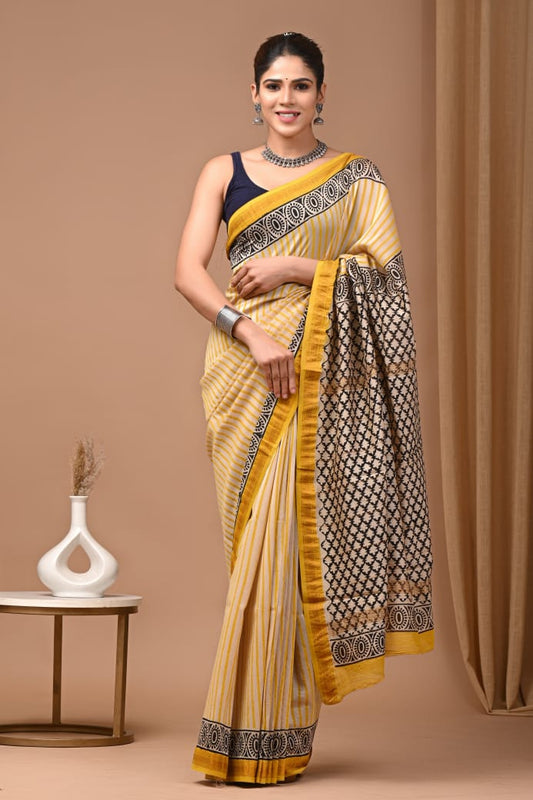Hand Block Printed Silk Saree with Blouse