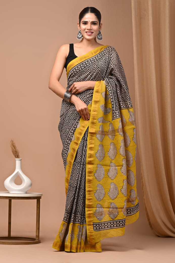 Hand Block Printed Silk Saree with Blouse
