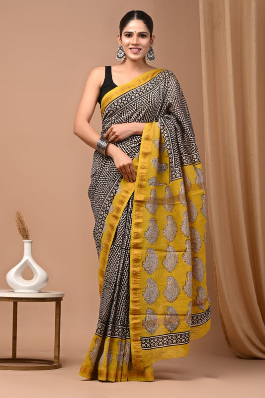 Hand Block Printed Silk Saree with Blouse