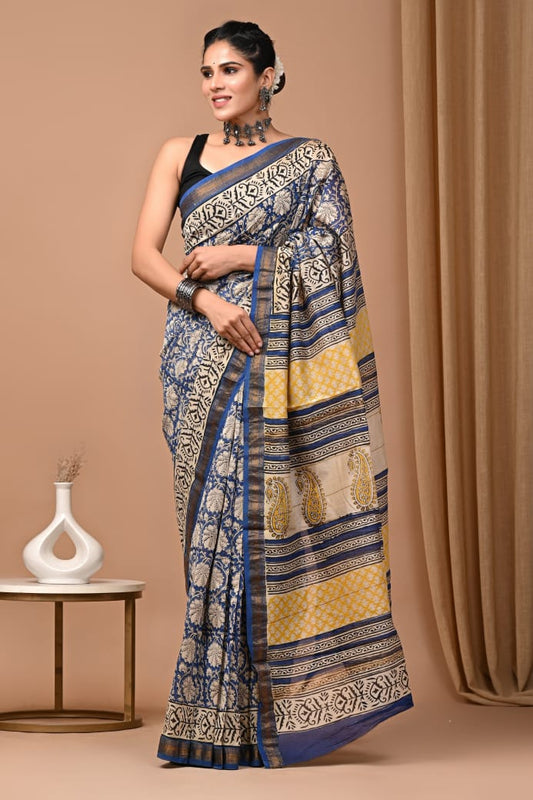 Hand Block Printed Silk Saree with Blouse