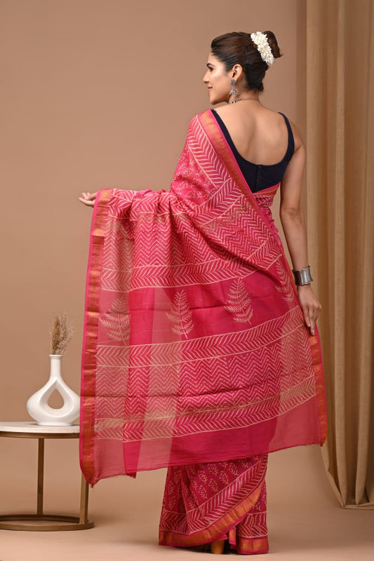 Hand Block Printed Silk Saree with Blouse