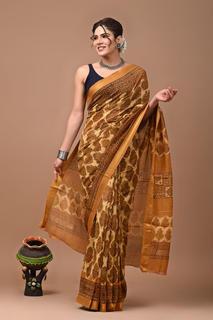 Hand Block Printed Silk Saree with Blouse