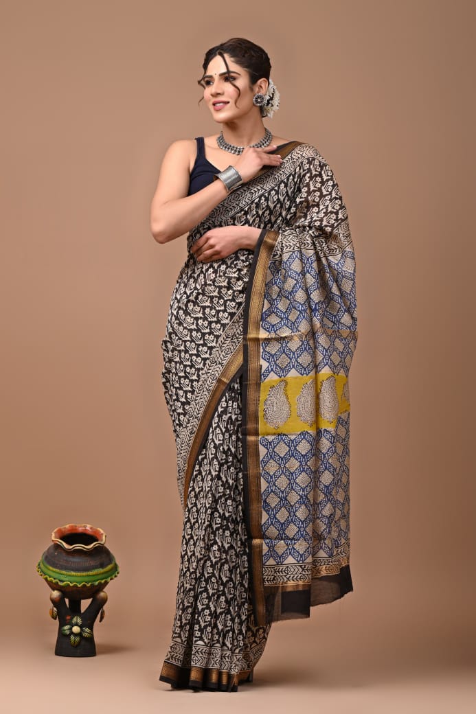 Hand Block Printed Silk Saree with Blouse