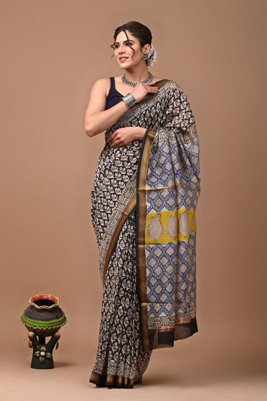 Hand Block Printed Silk Saree with Blouse