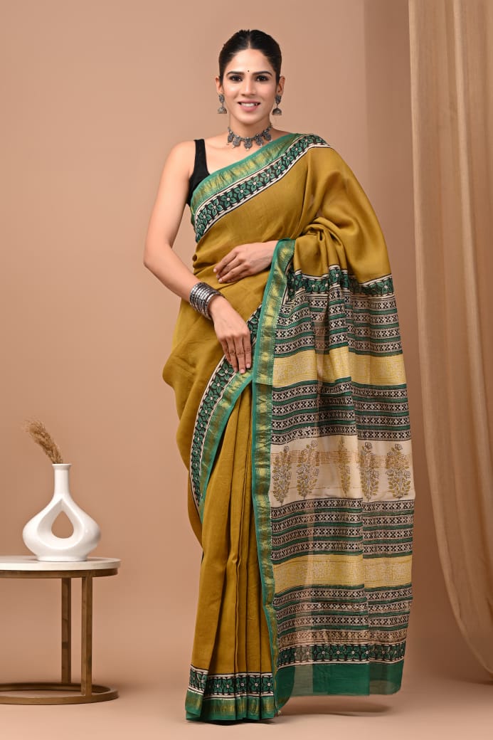Hand Block Printed Silk Saree with Blouse