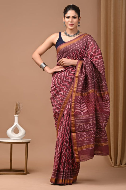 Hand Block Printed Silk Saree with Blouse