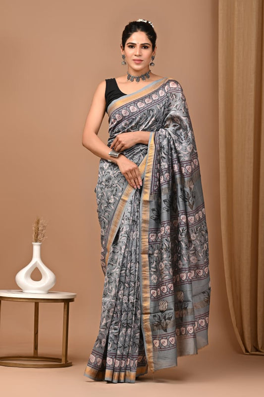 Hand Block Printed Silk Saree with Blouse