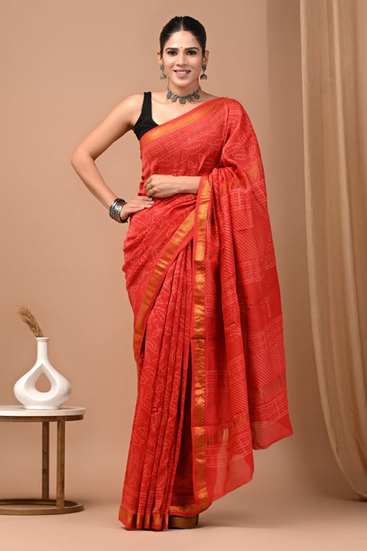 Hand Block Printed Silk Saree with Blouse
