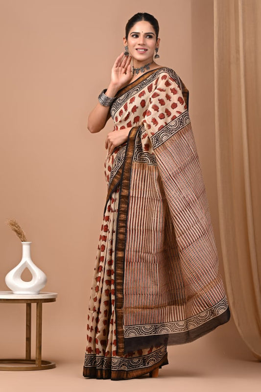Hand Block Printed Silk Saree with Blouse