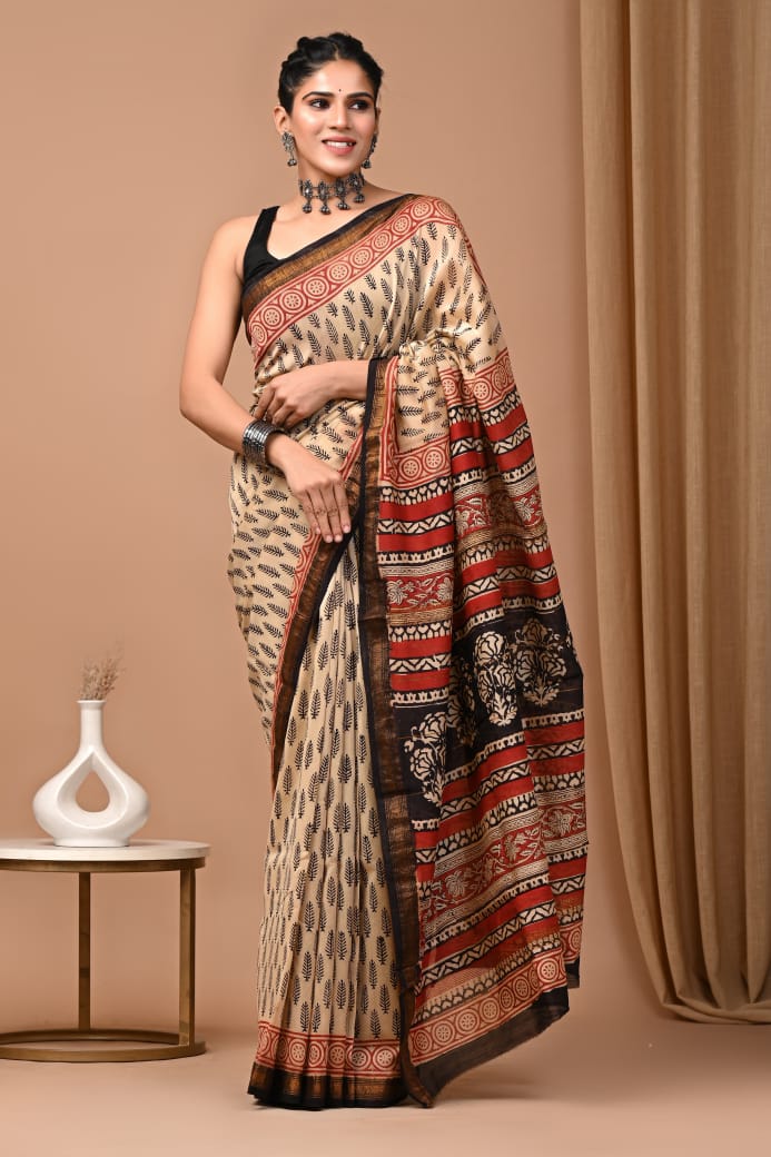 Hand Block Printed Silk Saree with Blouse