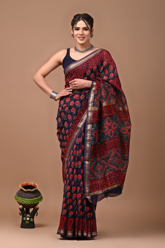 Hand Block Printed Silk Saree with Blouse