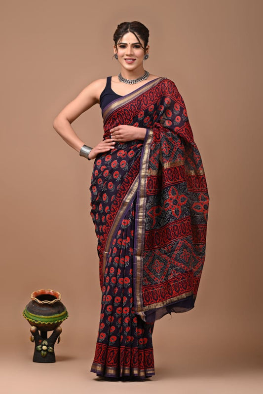 Hand Block Printed Silk Saree with Blouse
