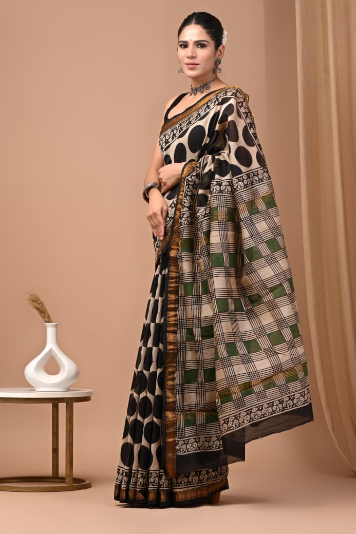 Hand Block Printed Silk Saree with Blouse