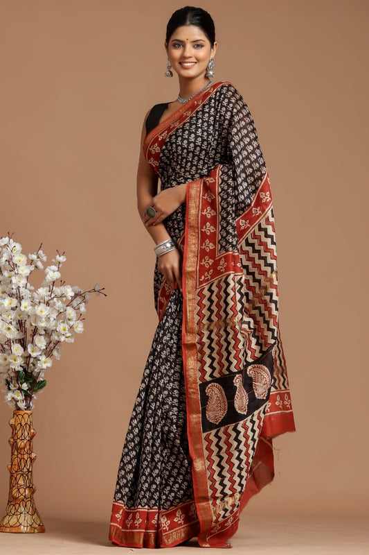 Hand Block Printed Silk Saree with Blouse
