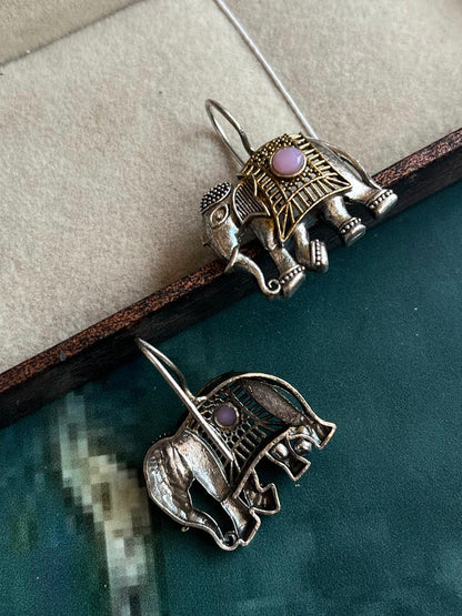 Dual Tone Elephant Shape Stone Earring