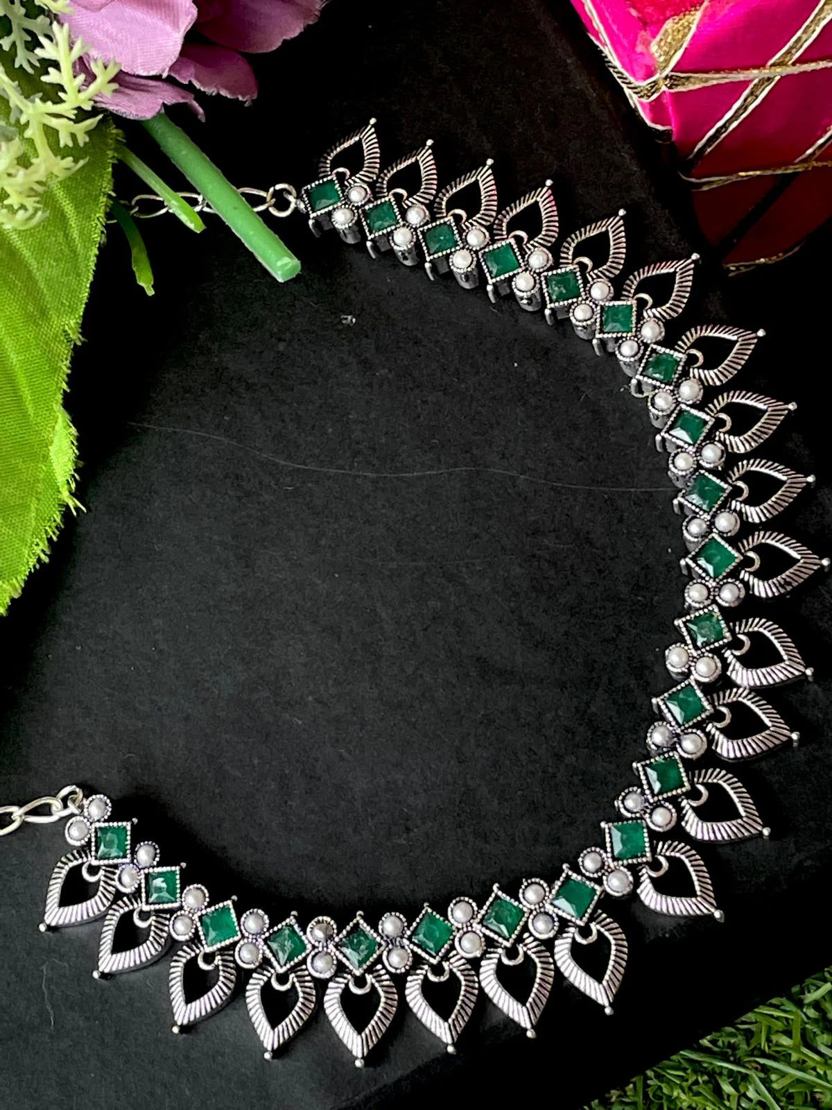 Oxidized Choker with Earring set with stone and beads work
