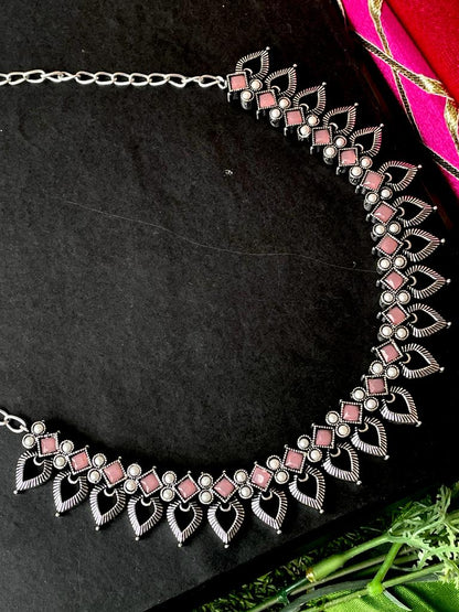 Oxidized Choker with Earring set with stone and beads work