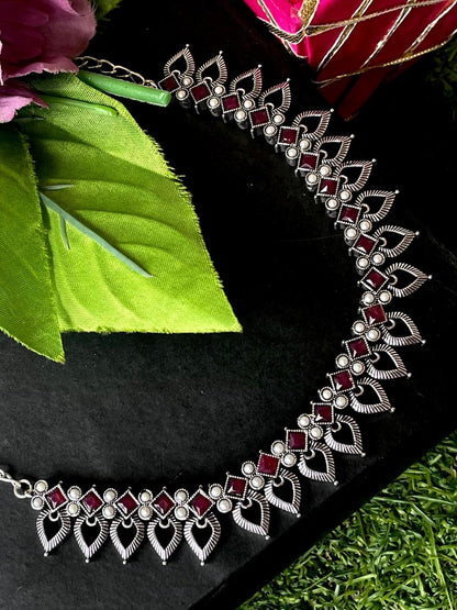 Oxidized Choker with Earring set with stone and beads work