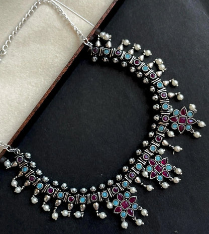 Monalisa Stone work Oxidized Choker with Earring set
