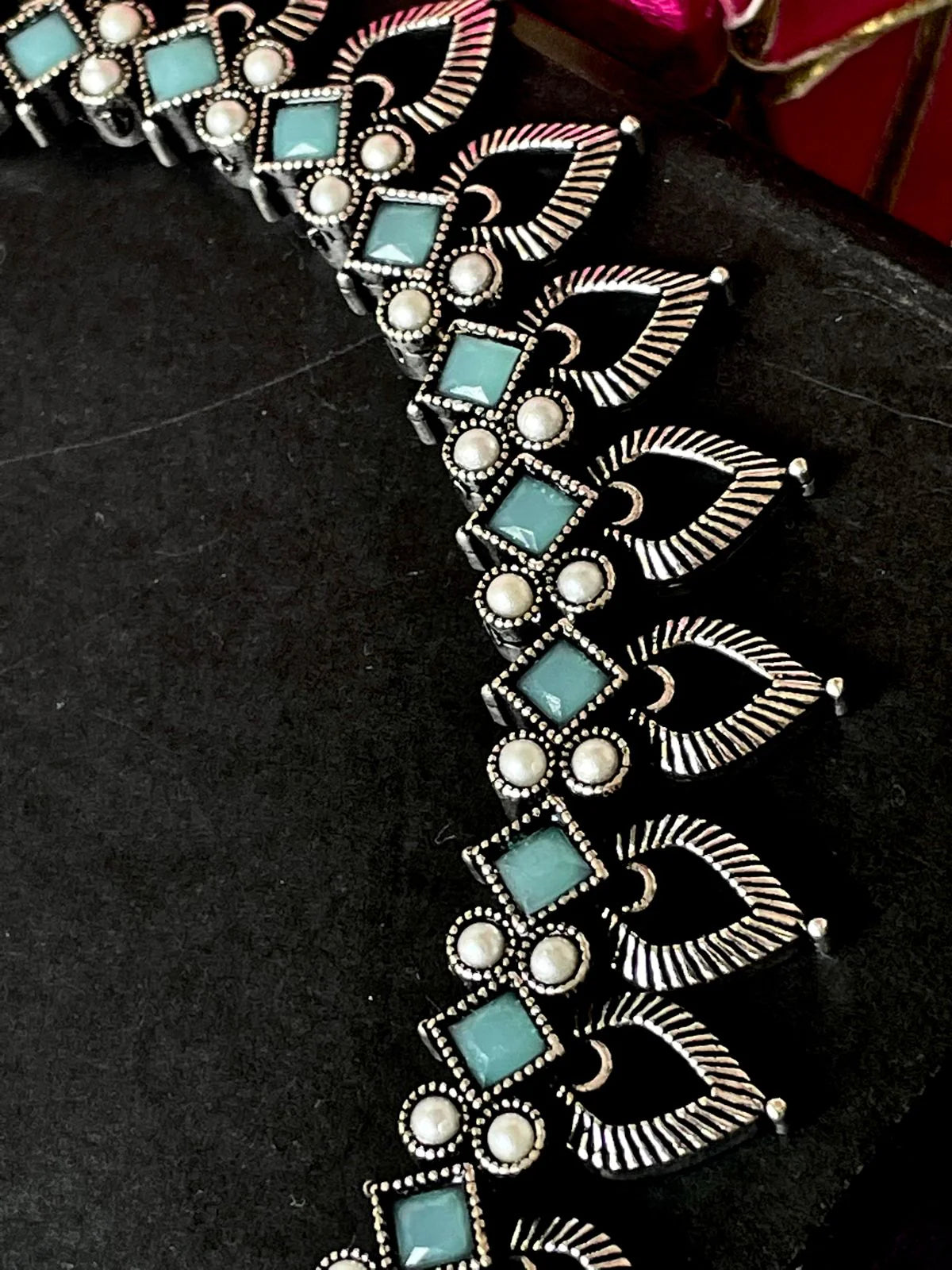 Oxidized Choker with Earring set with stone and beads work