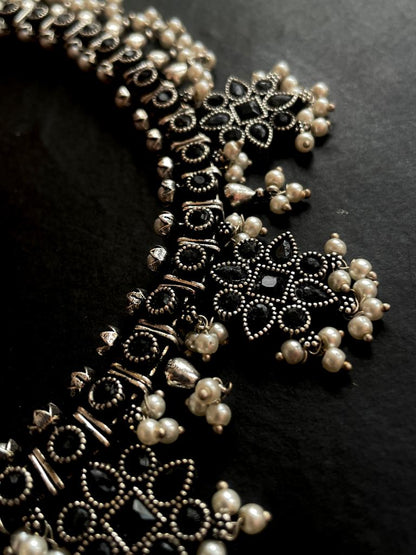 Monalisa Stone work Oxidized Choker with Earring set